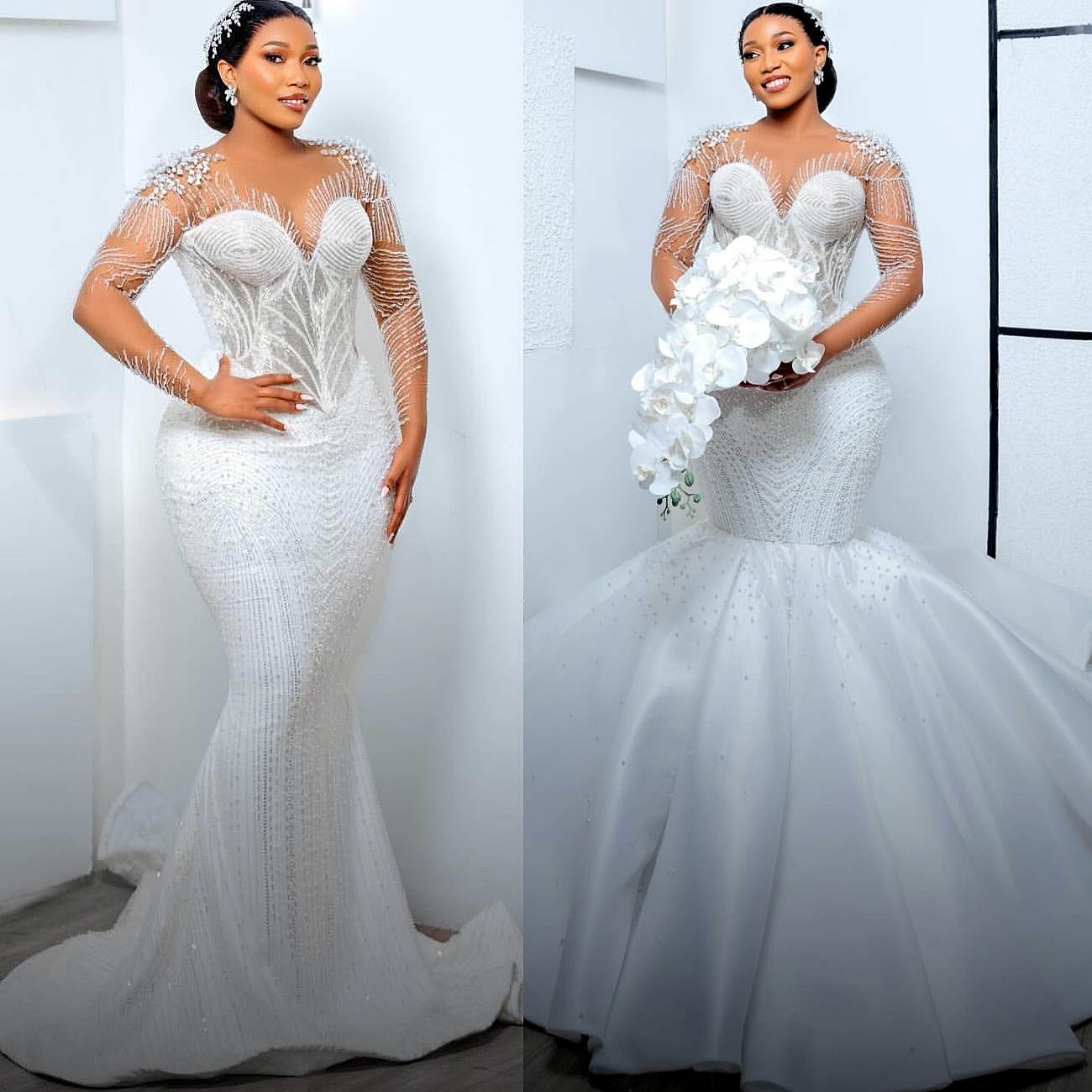 African Aso Ebi 2026 Ivory Mermaid Wedding Dress Full Sleeves Beaded Crystals Sequined Satin Detachable Train Bridal Gowns Dresses ZJ234