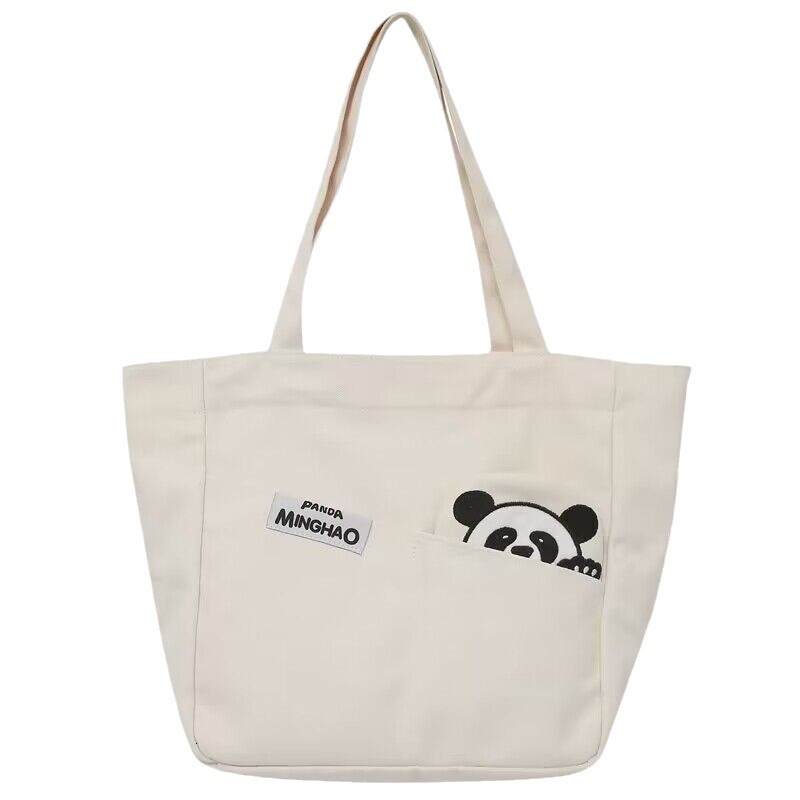 New Single Shoulder Large Capacity Fashion Handbag Urban Simple Open Solid Color Cute Panda Canvas Bag
