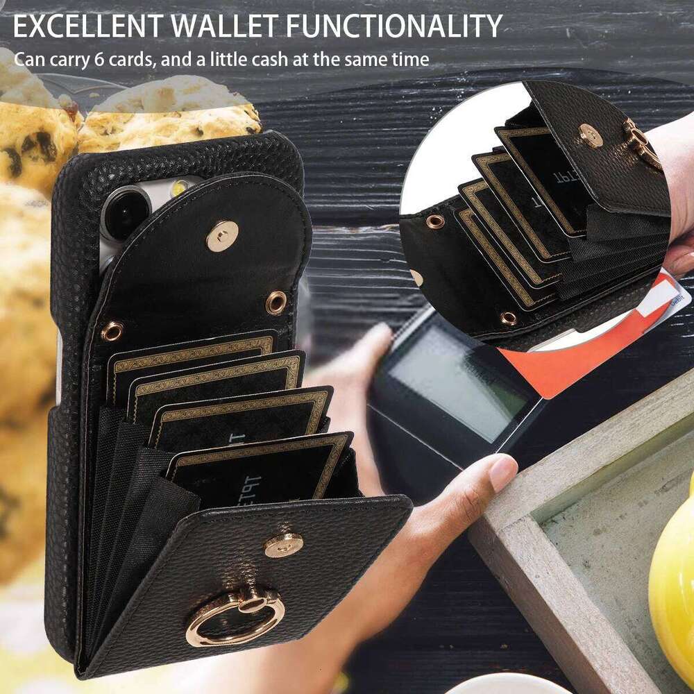 High Quality Ring Stand Lychee Pattern Phone Case for IPhone16promax15 14 13 Crossbody with Lanyard PU Leather Anti-fall Cover 26H0127