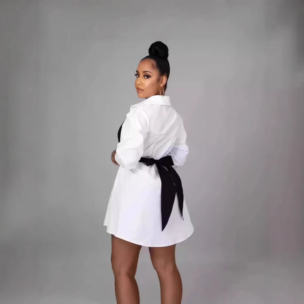 Plus Size Autumn Mini Shirts Dress Women Bow Fashion Patchwork Long Sleeve Ladies Dresses Pleated Ruffle Office Woman Dress 240806