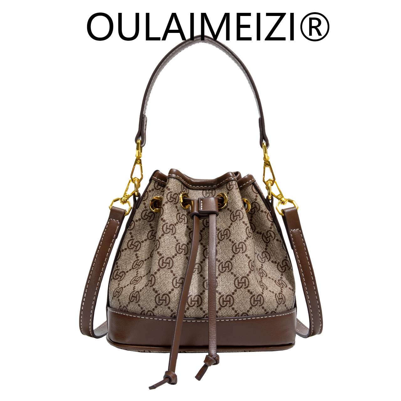 2026 new OULAIMEIZI Women's high-end color-blocking light luxury vintage bucket bag with drawstring suitable for single-shoulder and crossbody wear large