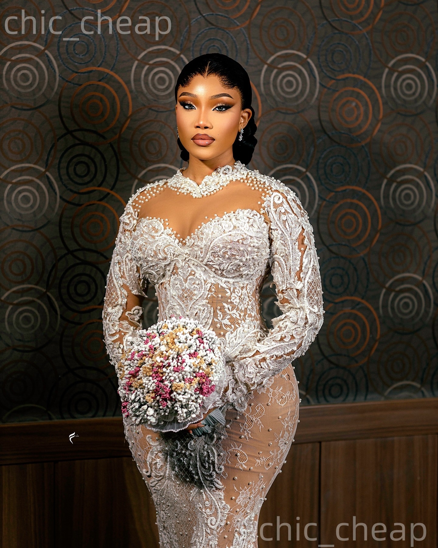 African Aso Ebi 2026 Ivory Mermaid Wedding Dress Pearls Illusion Lace Full Sleeves Sheer Neck Vintage Bridal Gowns Dresses ZJ234