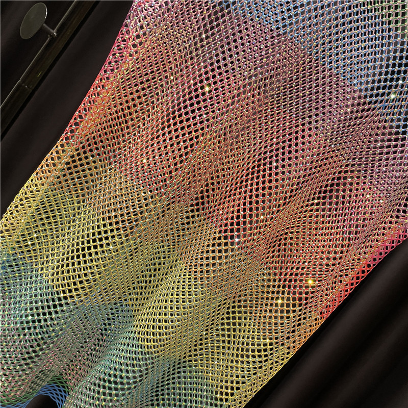 Stage Wear Women's Rhinestone Rainbow Hollow Out Mesh Vest Spring Summer Sheer See Through Casual Top