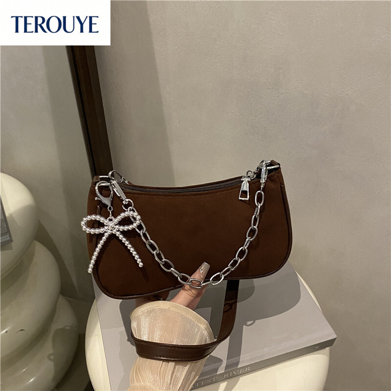 TEROUYE Korean suede niche design chain handbag autumn and winter new women's armpit bag fashionable and simple design bow