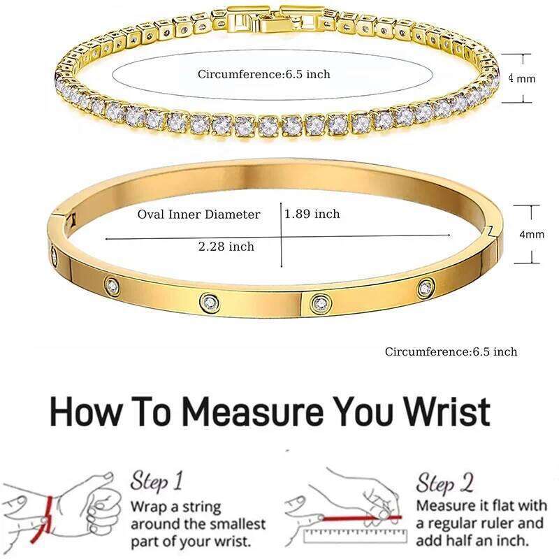 2Pcs/Set 18K Gold Plated Dainty Love Bangle Bracelets 4/6mm Cubic Zirconia Classic Tennis Bracele for Women XJ260127