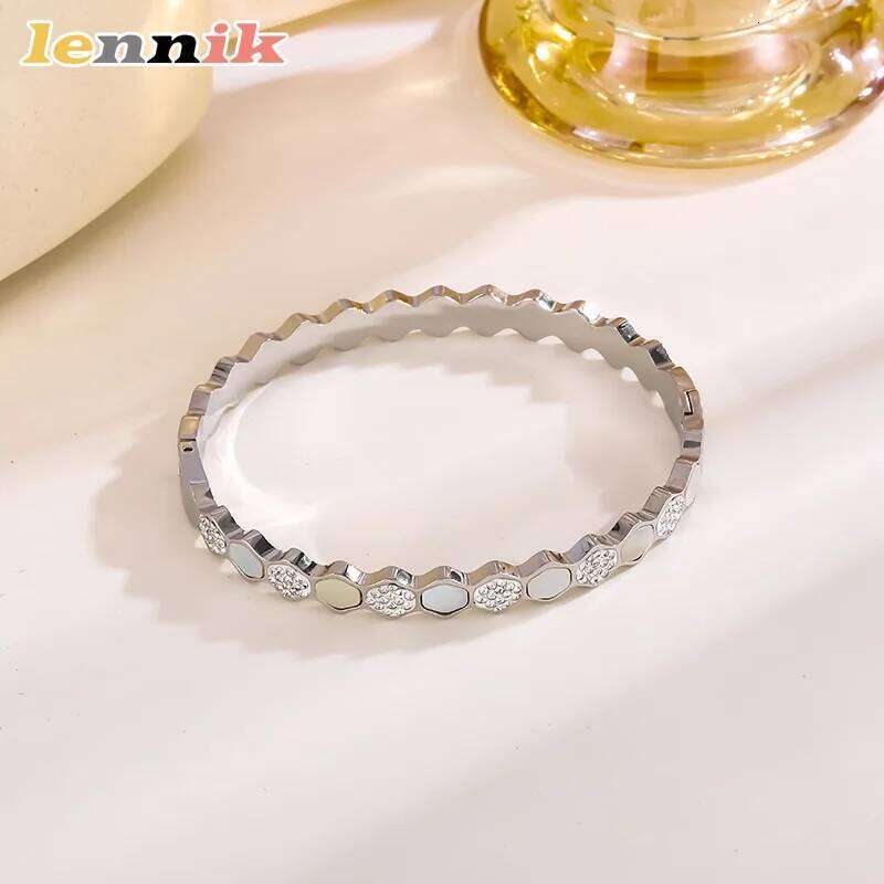 LENNIK Women's Titanium Steel Bracelet, New European American Style, Simple Stylish, Clasp Design,Shell Inlaid Diamonds,Hot Sale XJ260127
