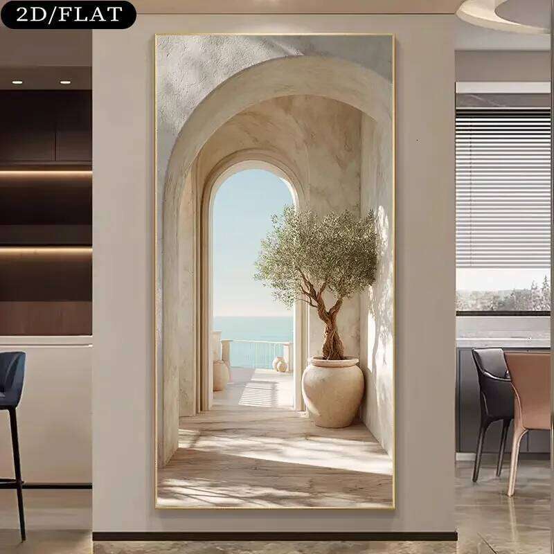 Large Frameless Coastal Mediterranean Olive Tree Arch Canvas Print - Island Inspired Beige & White Greek Vibe Wall Art, 31 26H0127