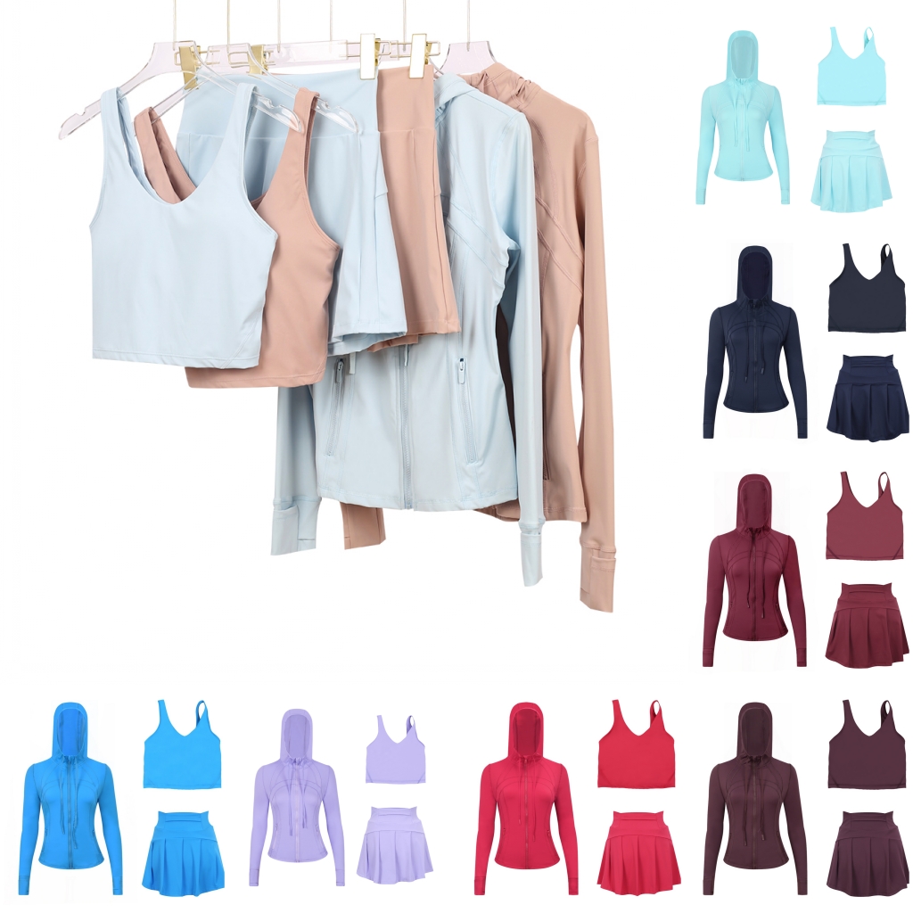 Women Yoga suits 3pcs jackets skirts Fitness sets High Waist Shorts Sports Jackets Zip Up Coat Elastic Sportswear Outfits Short Pants Suits