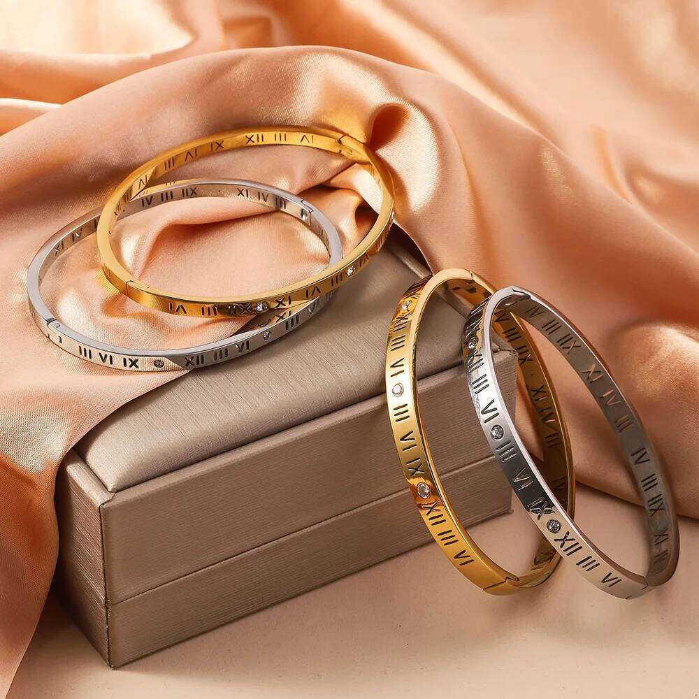 Hollow Roman Numerals Set With Diamonds, Popular Women's Bracelet, Fashionable Opening Buckle, Stainless Steel Jewelry XJ260127