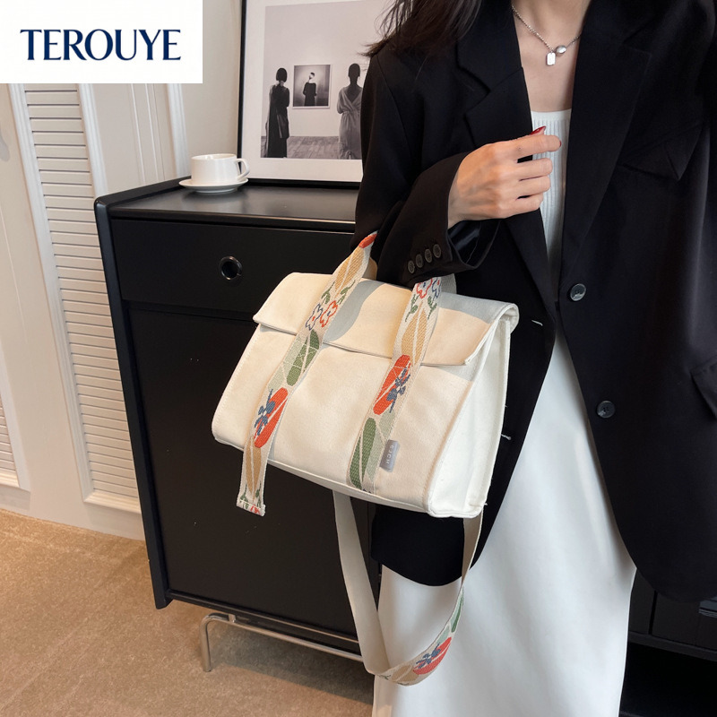 TEROUYE autumn and winter bag new large capacity women's canvas bag, fashionable and simple floral broadband handbag, women's shoulder bag,