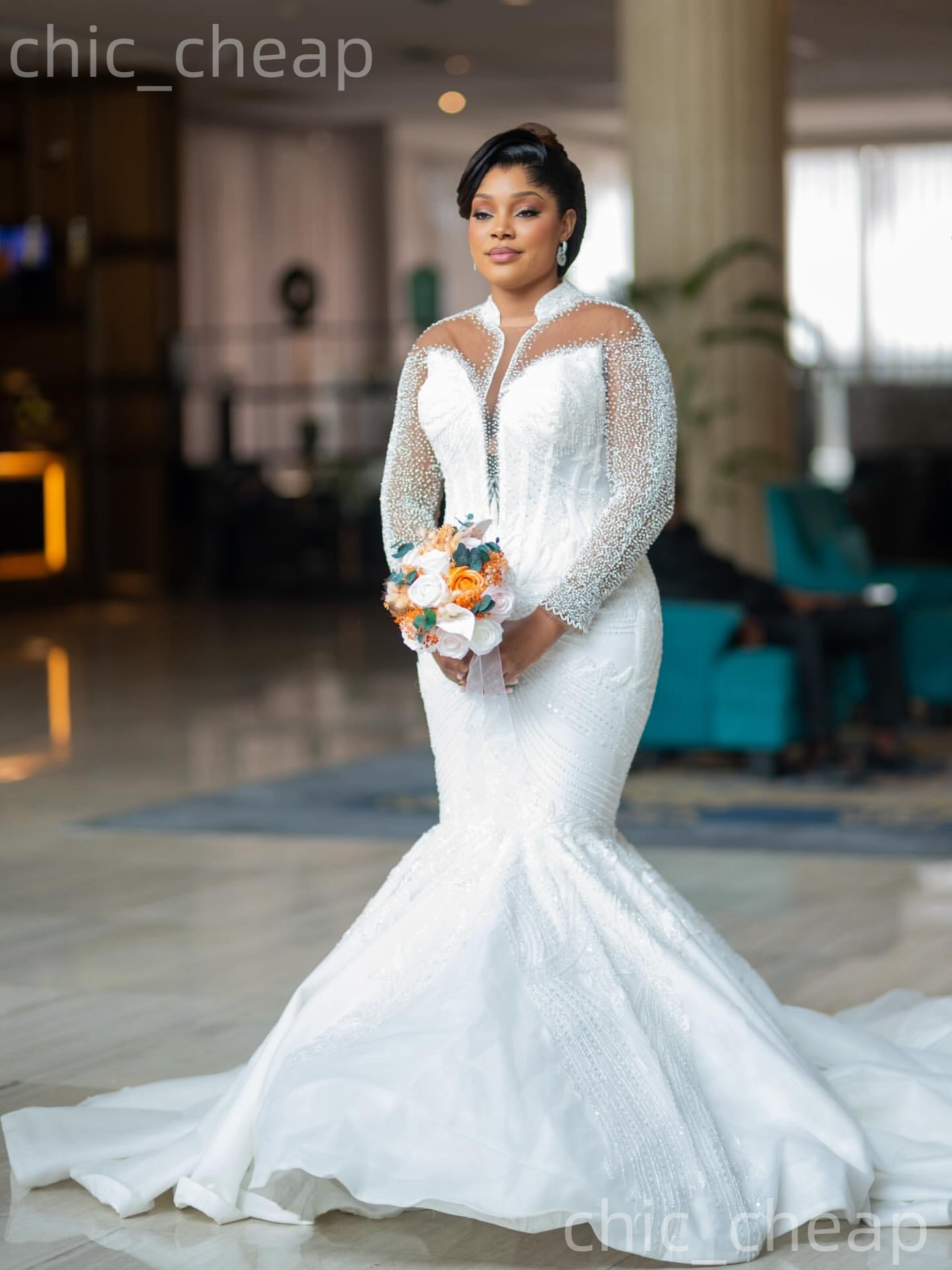 African Aso Ebi 2026 White Mermaid Wedding Dress High Neck Beaded Long Sleeves Sequined Sparkly Charming Bridal Gowns Dresses ZJ235