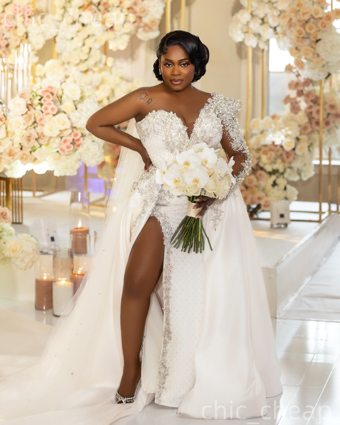 African Aso Ebi 2026 Ivory Sheath Wedding Dress One Shoulder Appliques Crystals Satin High Split Detachable Train Vintage Bridal Gowns Dresses ZJ2372