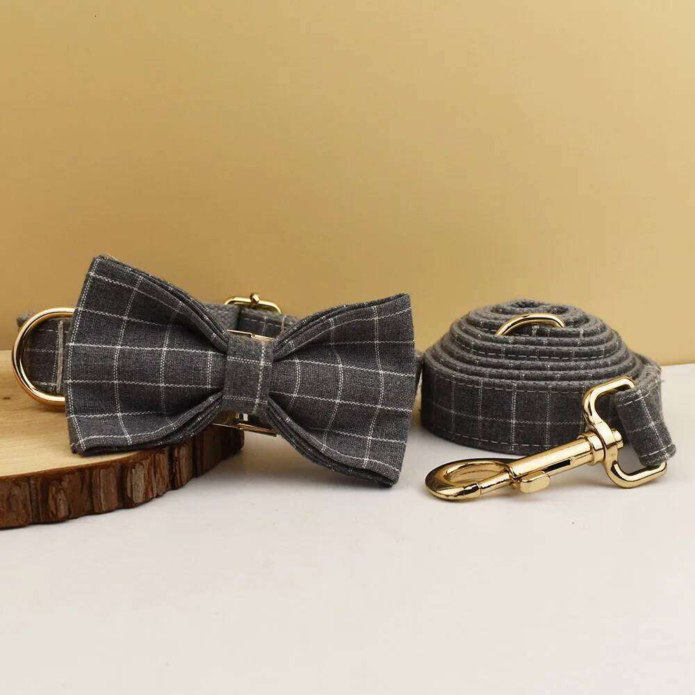Plaid Collar Designer With Bow Tie Custom Dog Accessories Luxury Pet collar leash set