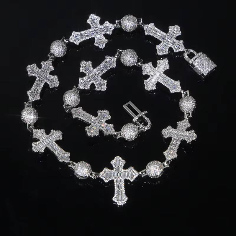 Moissanite Iced Out Bling Cool Hip Hop Men Boy Jewelry Full 5A Cubic Zirconia CZ Ball Cross Charm Chain Necklace