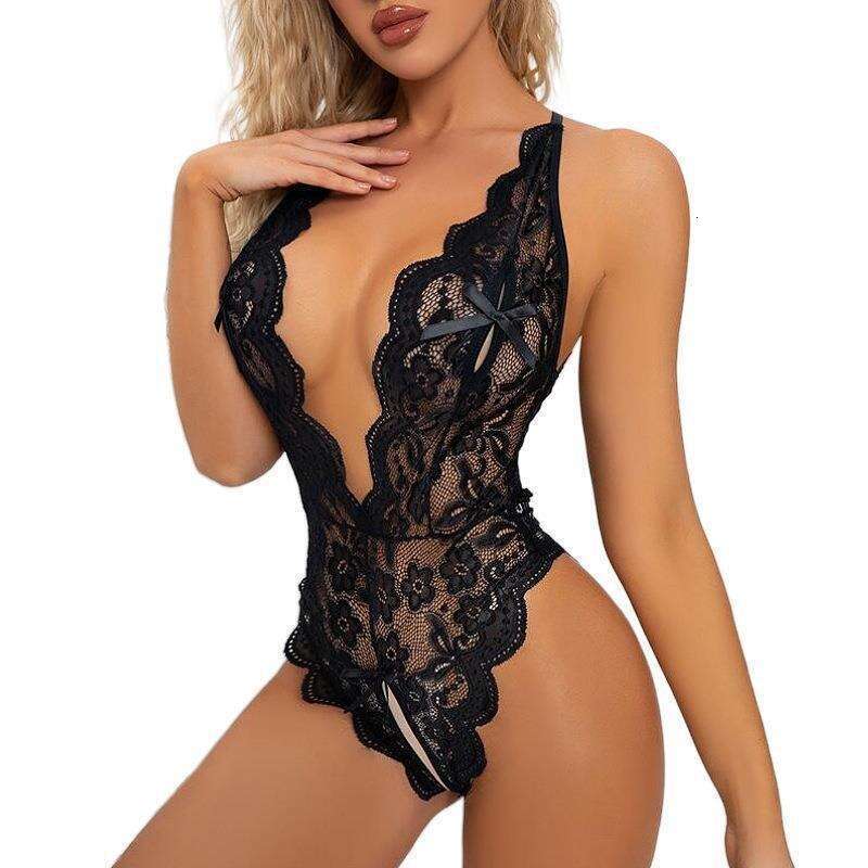Sexy Lace Bodysuit Deep V-Neck & Open Back Design with Floral Embroidery, Elegant Black & Red Lingerie for Nightwear & Romantic Moments - view 3