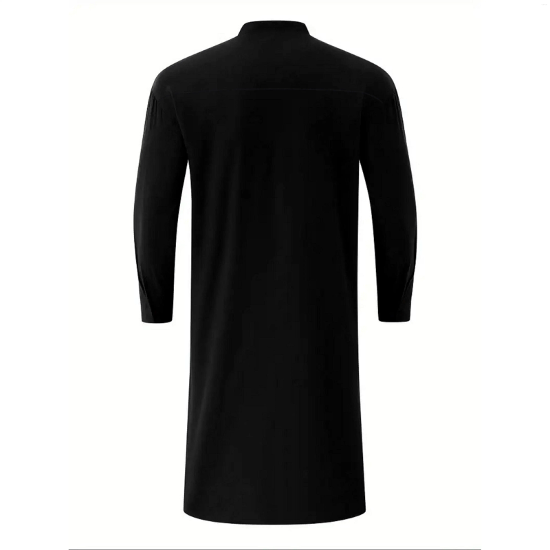 Ethnic Clothing Men's Stand-up Collar Black Muslim Robe Mid-length Personality Casual Fashion Solid Color Shirt Traditional