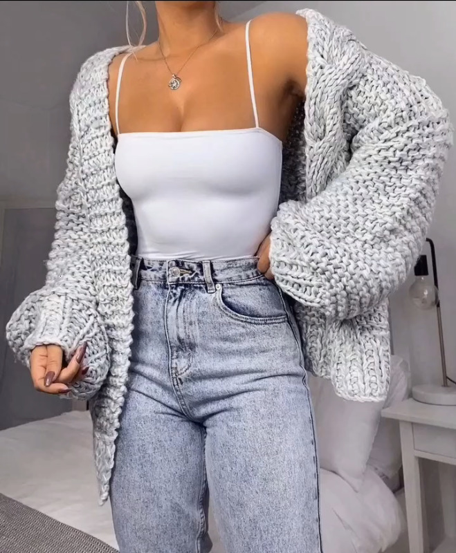 Twist Knitted Cardigan Women Thick Long Sleeve Elegant Solid Casual Sweater Autumn Loose Short Chic Outwear Coat Tops 250206