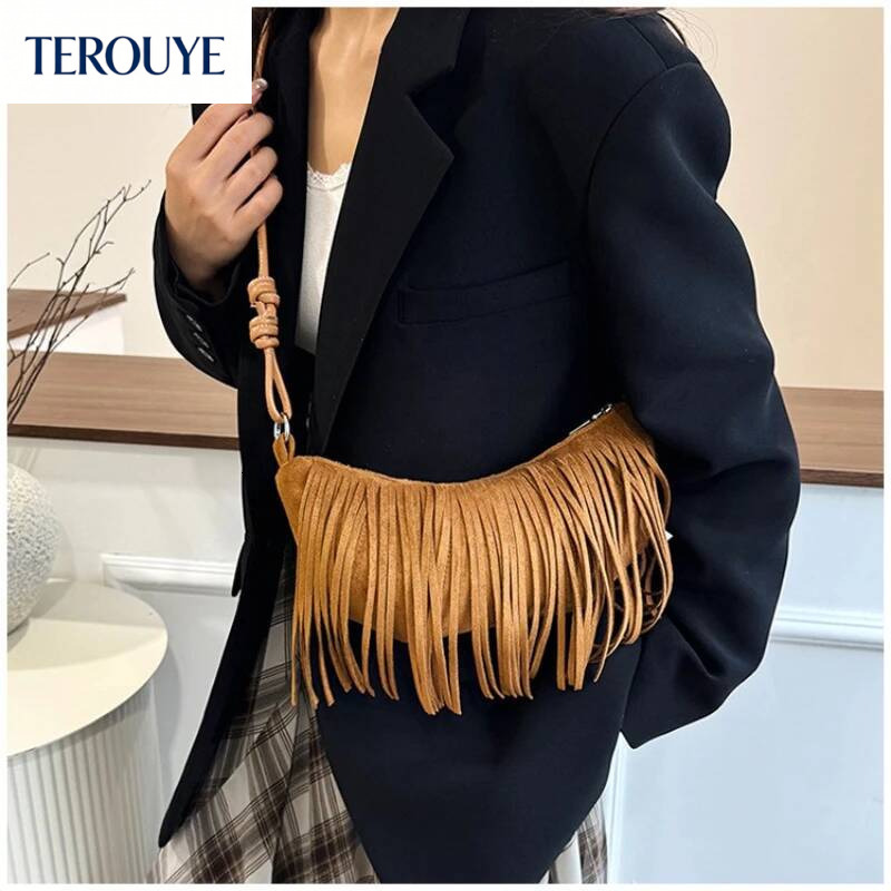 TEROUYE Korean retro style suede armpit bag autumn and winter new collection tassel elegant luxury bag trend versatile women's shoulder bag fashi