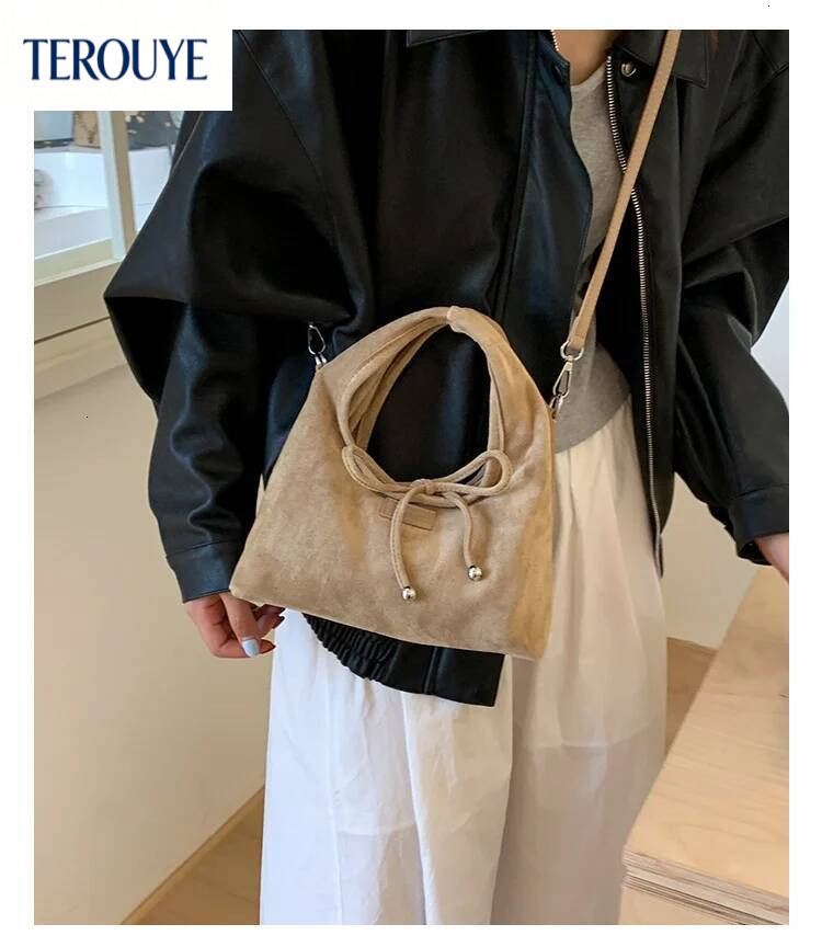 TEROUYE Korean style niche suede design bow handbag autumn and winter new retro luxury armpit bag women's shoulder bag fashion trend