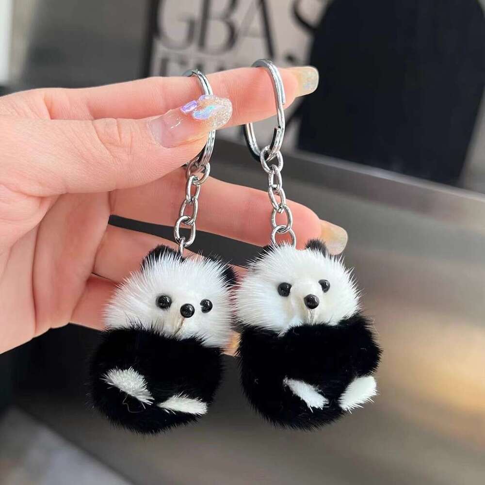 Cute Real Mink Fur Little Panda Car Keychain Pendant Plush Doll Backpack Decoration Small Gift S260126 9d0