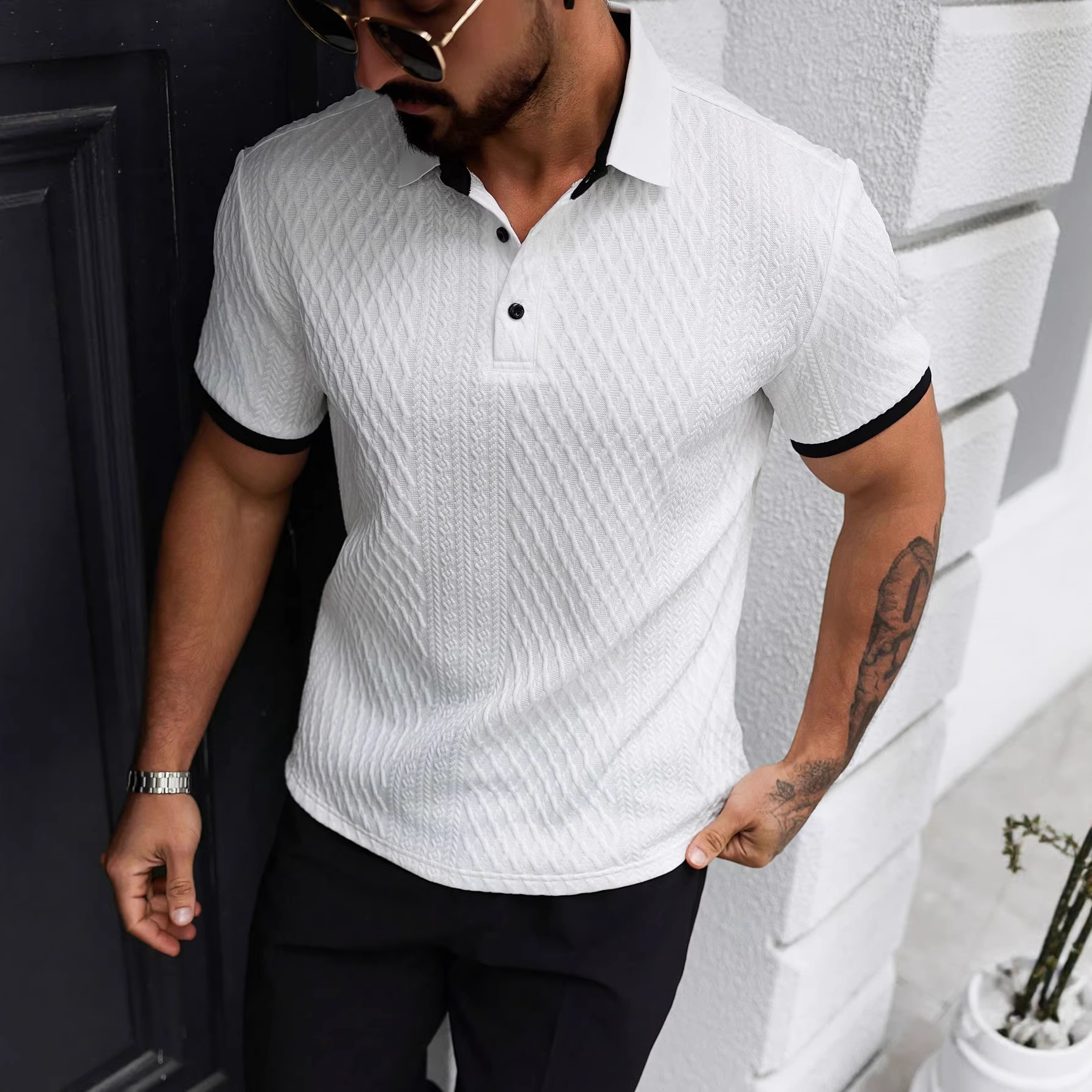 2026 Summer New Men's Simple Color Block Polo Shirt Button Down Collar Knitted Fabric Short Sleeve Top Apricot and White