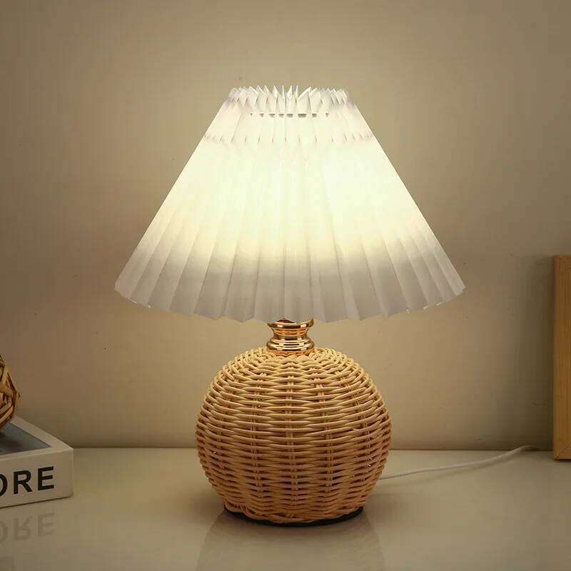 Pleated Rattan LED Living Room Table Standing Study Desk Bedside Lamp Home Office Decoration Night Light Z260127