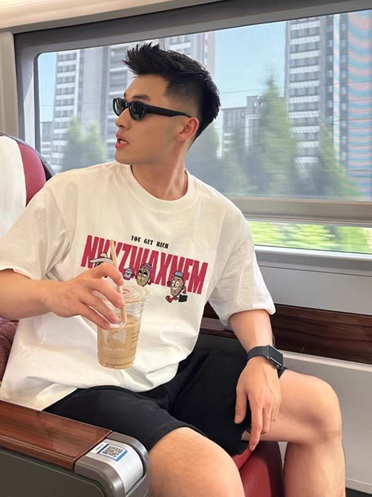 Men's trendy streetwear hip-hop letter loose short-sleeved summer youth short-necked short-sleeve shirt