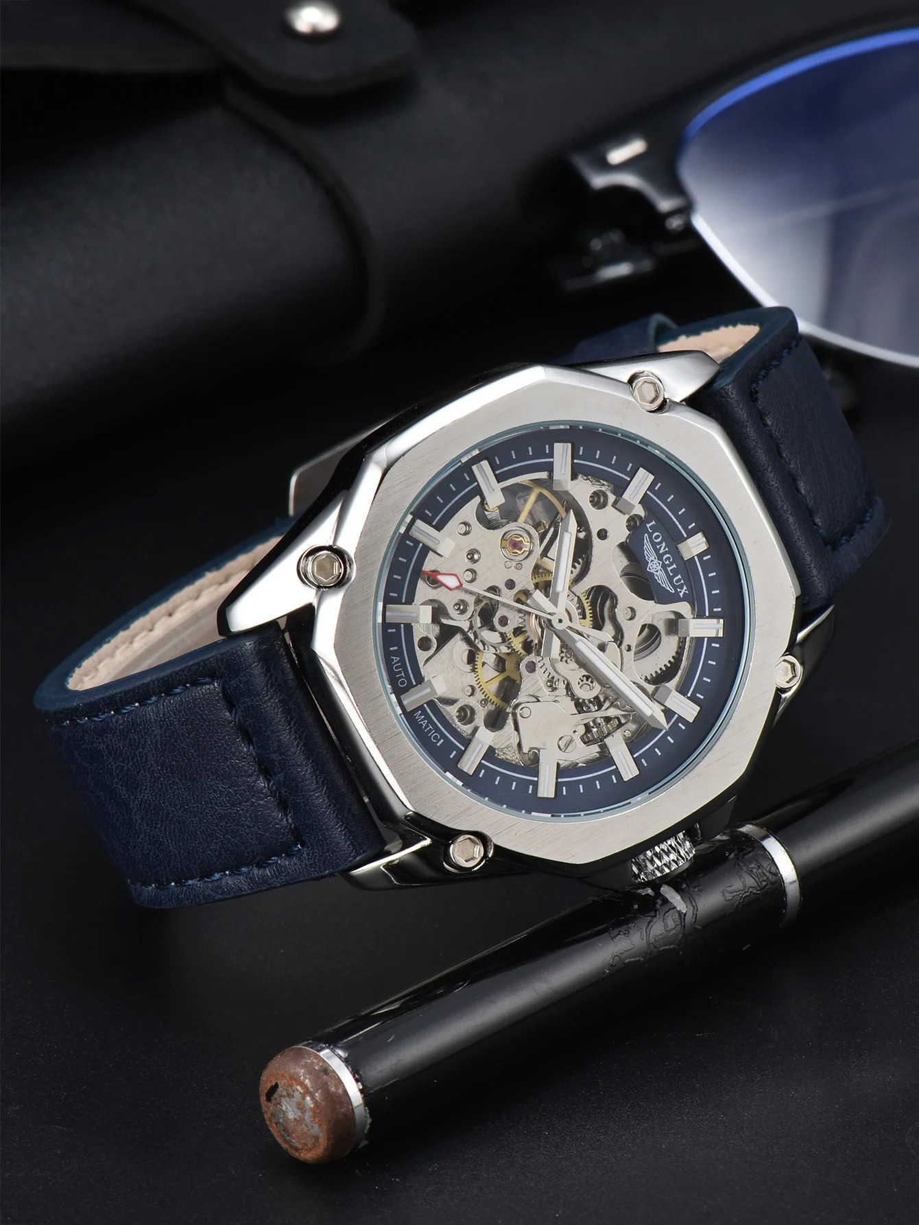 LONGLUX automatic watch sport style wholesale mechanical wristwatches fashion hollow leather mens watch men gift 260120