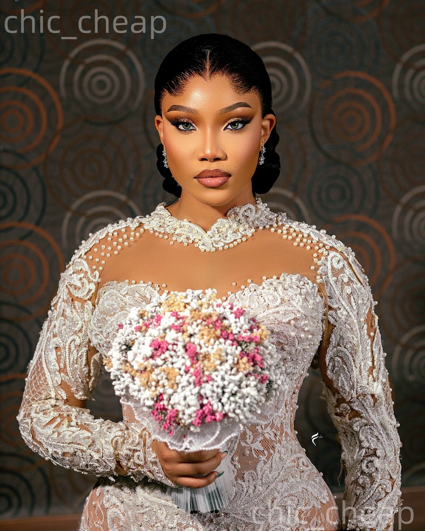African Aso Ebi 2026 Ivory Mermaid Wedding Dress Pearls Illusion Lace Full Sleeves Sheer Neck Vintage Bridal Gowns Dresses ZJ234
