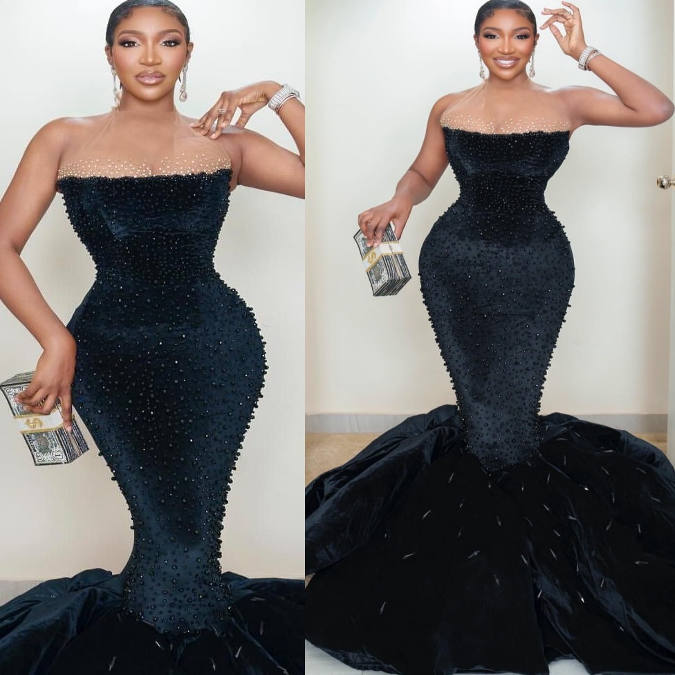 Aso Ebi Black Mermaid Prom Dresses 2026 Sheer Neck Beaded Velvet Elegant Evening Formal Party Second Birthday Engagement Gowns Dress For Special Occas