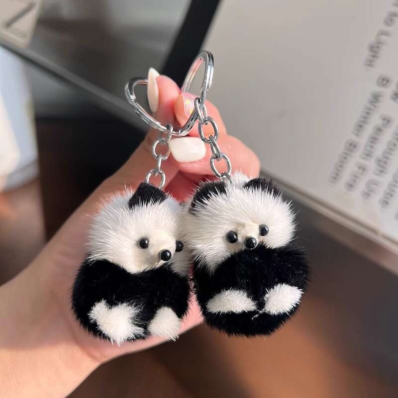 Cute Real Mink Fur Little Panda Car Keychain Pendant Plush Doll Backpack Decoration Small Gift S260126 730