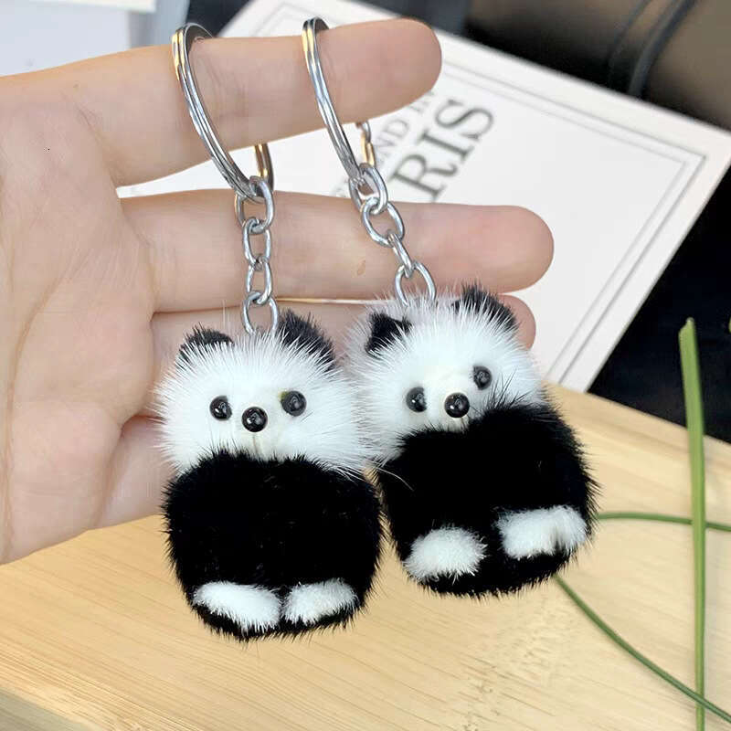 Cute Real Mink Fur Little Panda Car Keychain Pendant Plush Doll Backpack Decoration Small Gift S260126 00a