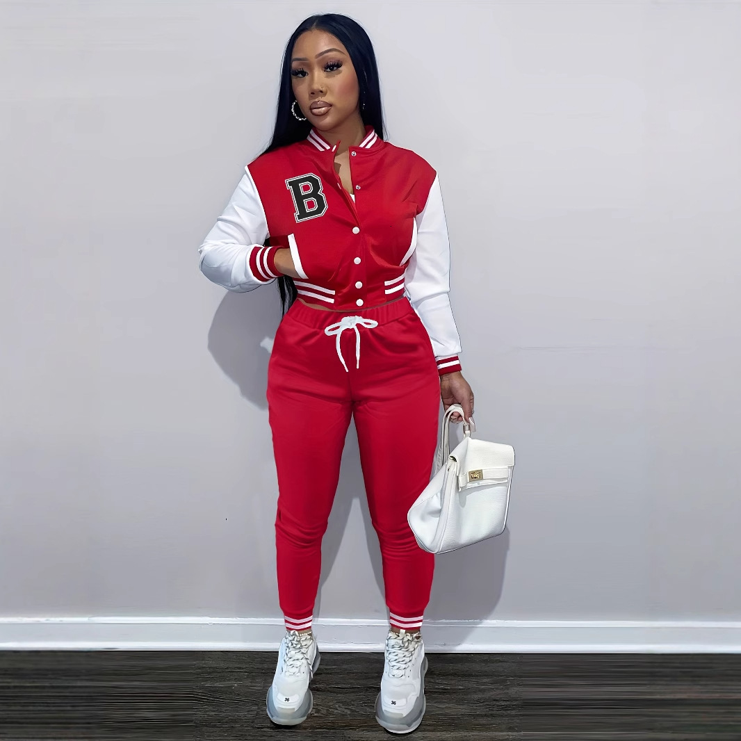 Red Embroidered Letter Coat Short Bomber Jackets Patchwork Contrast Mini Black Skirt Sets Autumn Casual 2piece Tracksuits 240815