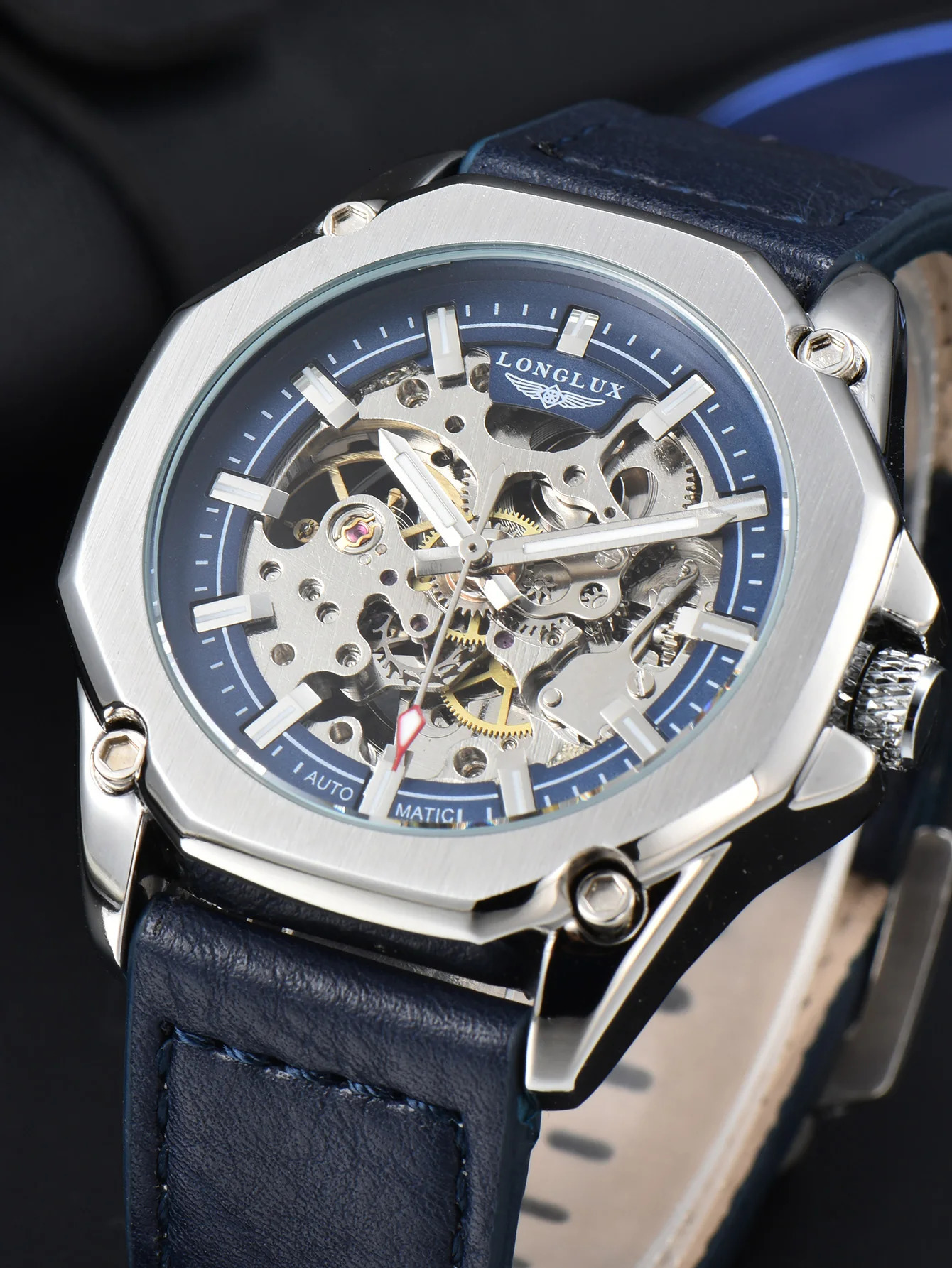 LONGLUX automatic watch sport style wholesale mechanical wristwatches fashion hollow leather mens watch men gift 260120