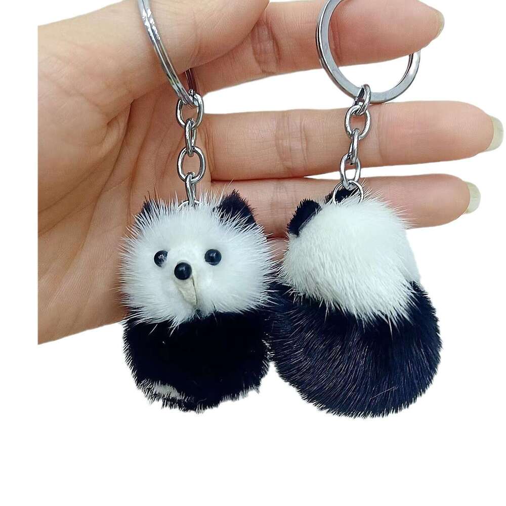 Cute Real Mink Fur Little Panda Car Keychain Pendant Plush Doll Backpack Decoration Small Gift S260126 711