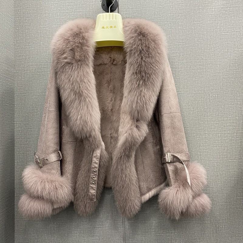 Haining fur coat rabbit fur integrated composite slim fit short large fox fur collar small fur coat 201212