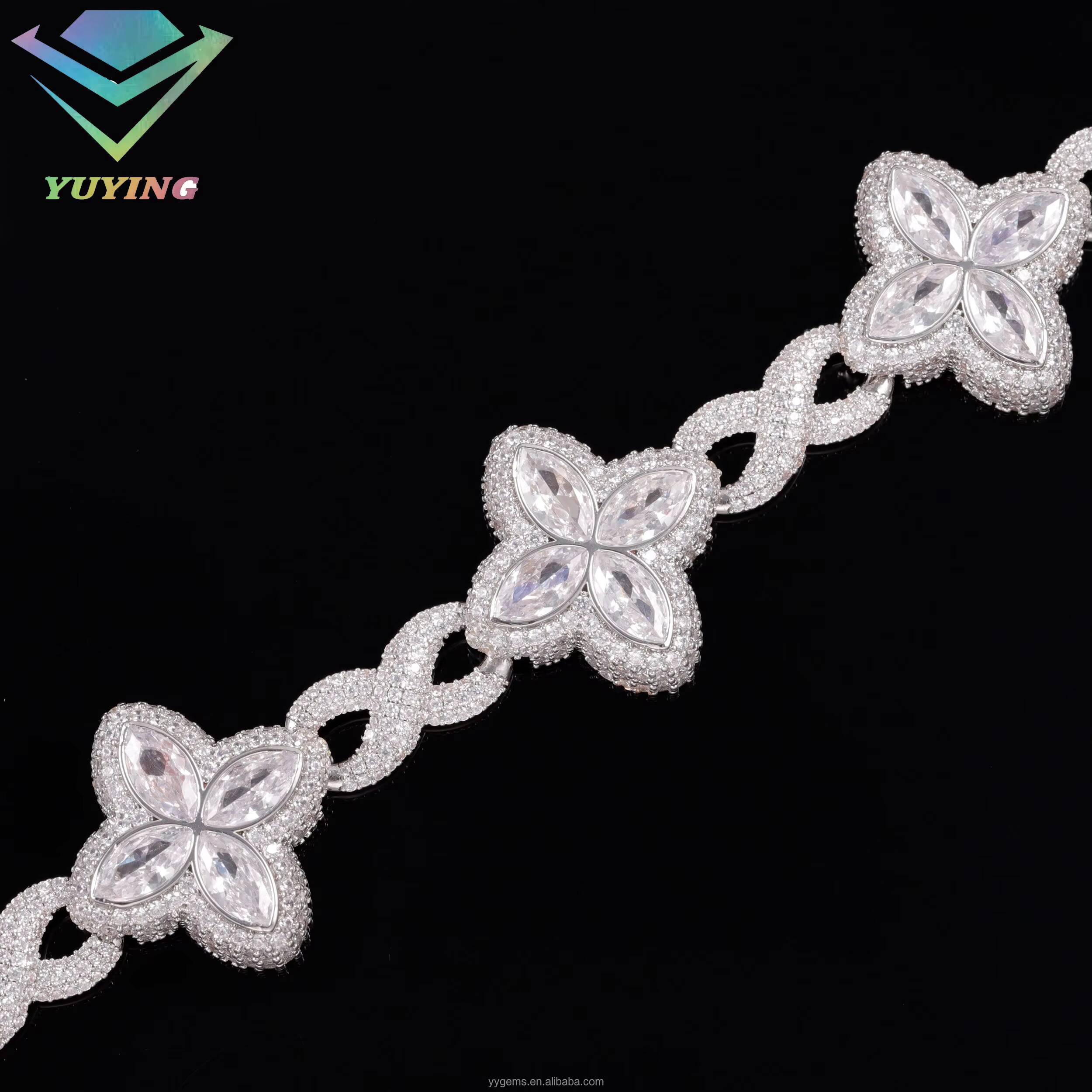 Popular Clover Bracelet Hip Hop Jewelry 925 Sterling Silver Gold Plated Men Bracelet Four Leaf Clover Moissanite Cuban Bracelet