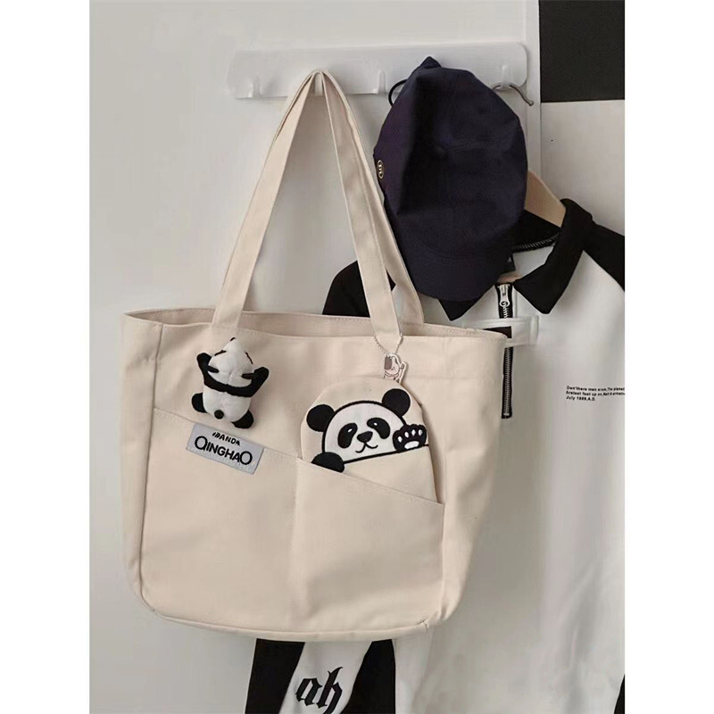 New Single Shoulder Large Capacity Fashion Handbag Urban Simple Open Solid Color Cute Panda Canvas Bag