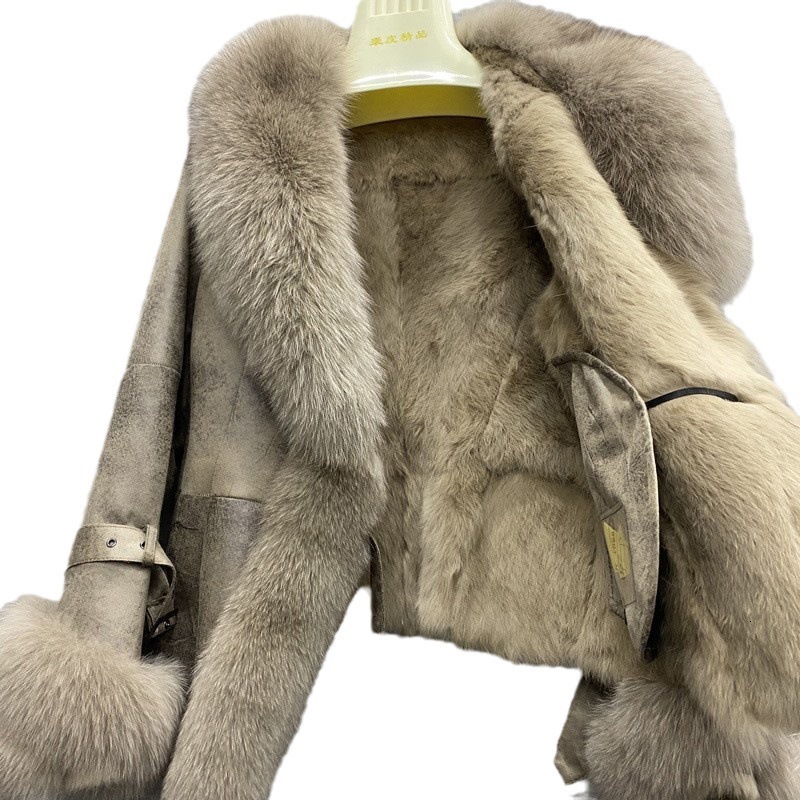 Haining fur coat rabbit fur integrated composite slim fit short large fox fur collar small fur coat 201212