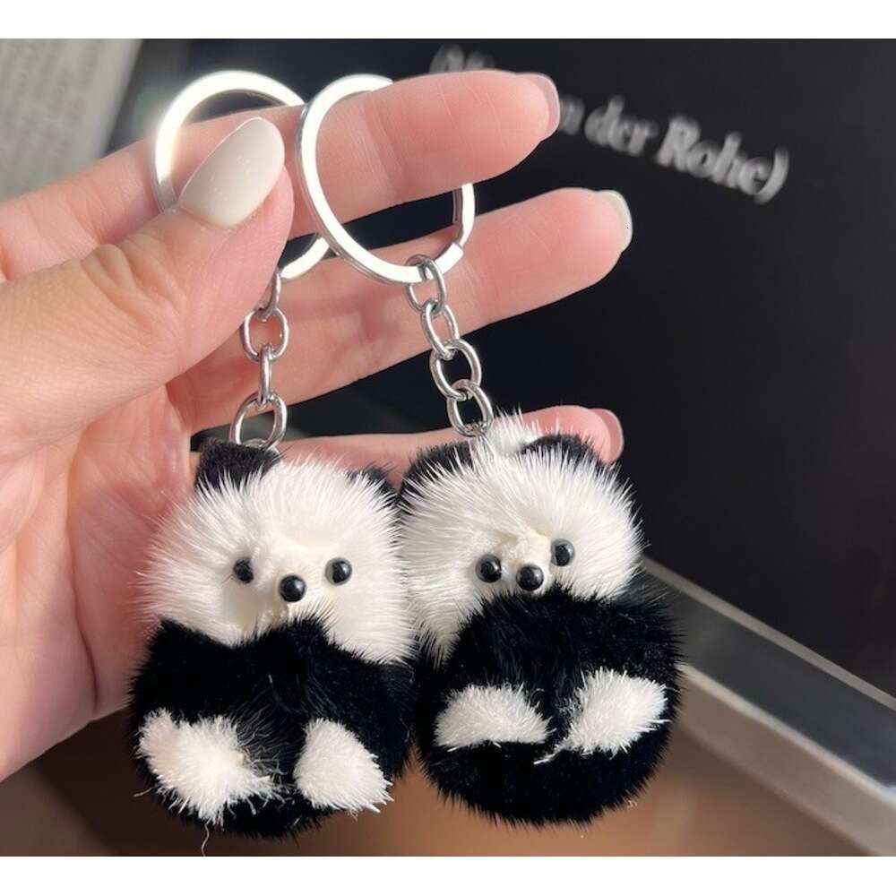 Cute Real Mink Fur Little Panda Car Keychain Pendant Plush Doll Backpack Decoration Small Gift S260126 358