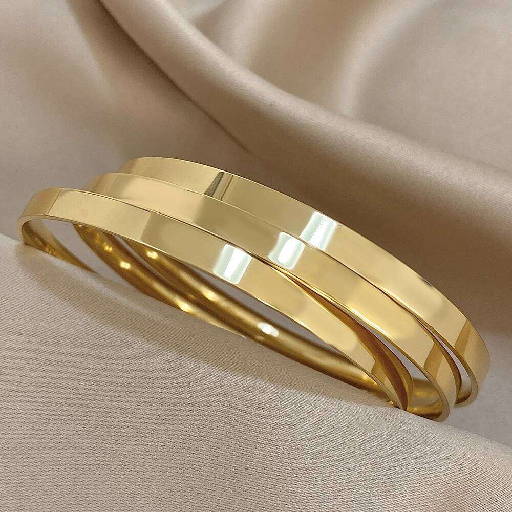 3pcs 18K Gold Plated Stainless Steel Bangle Bracelets for Women Glossy Simple Stacking Wrist Bracelet Waterproof Jewelry XJ260127