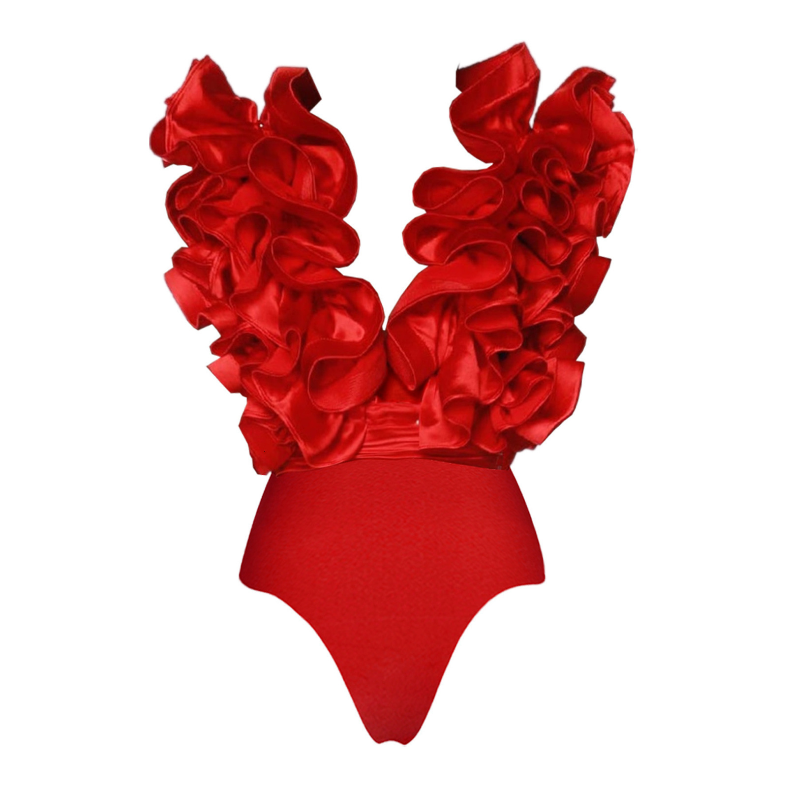 2025 Solid Red Flower One Piece Swimsuit Women Swimwear Sexy Swim Suit Deep V Monokini Off Shoulder Bodysuit Bathingsuit 250314