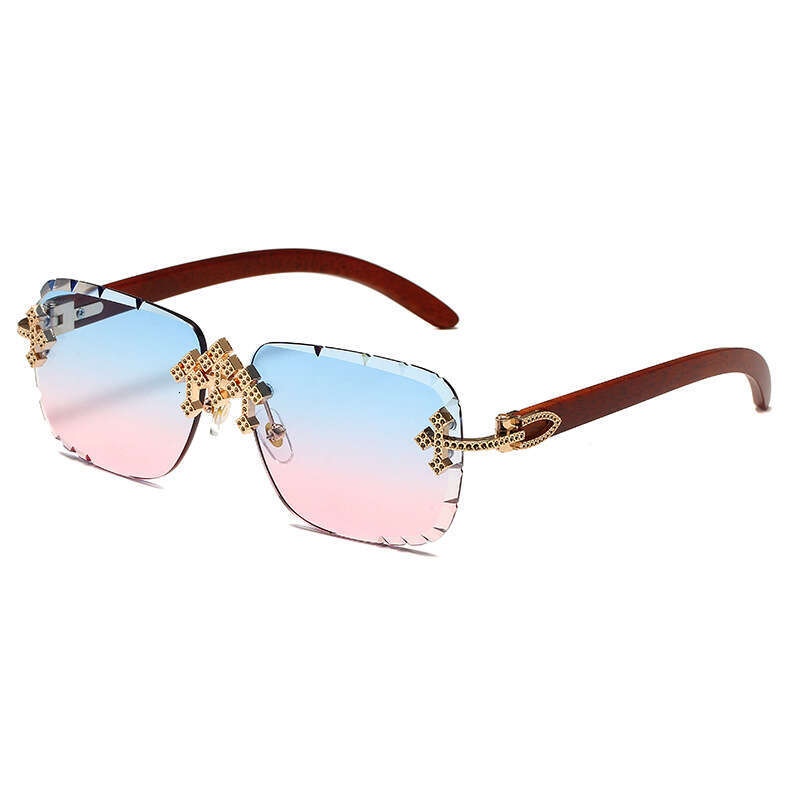 Sunglasses Cross Diamond Accented Rimless Metal Frame with Starry Sky Design and Wood Grain Temples for Driving and Vacation High Quality Texture