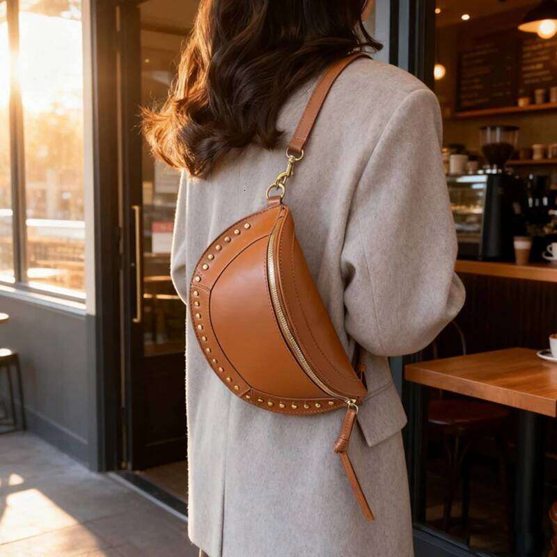Retro Rivet Crossbody Bag for Women Solid Color Large Capacity Versatile Chest Soft Leather Traveling One Shoulder Bags