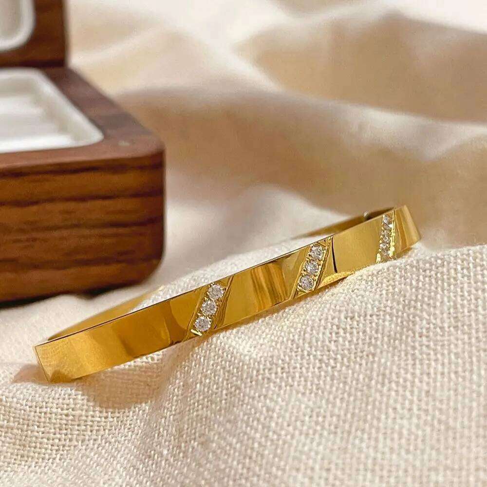 Fashion Cubic Zircon Bracelets for Women Men Luxury Titanium Stainless Steel Golden 6mm Cuff Bangle Charm Exquisite Jewelry Gift XJ260127