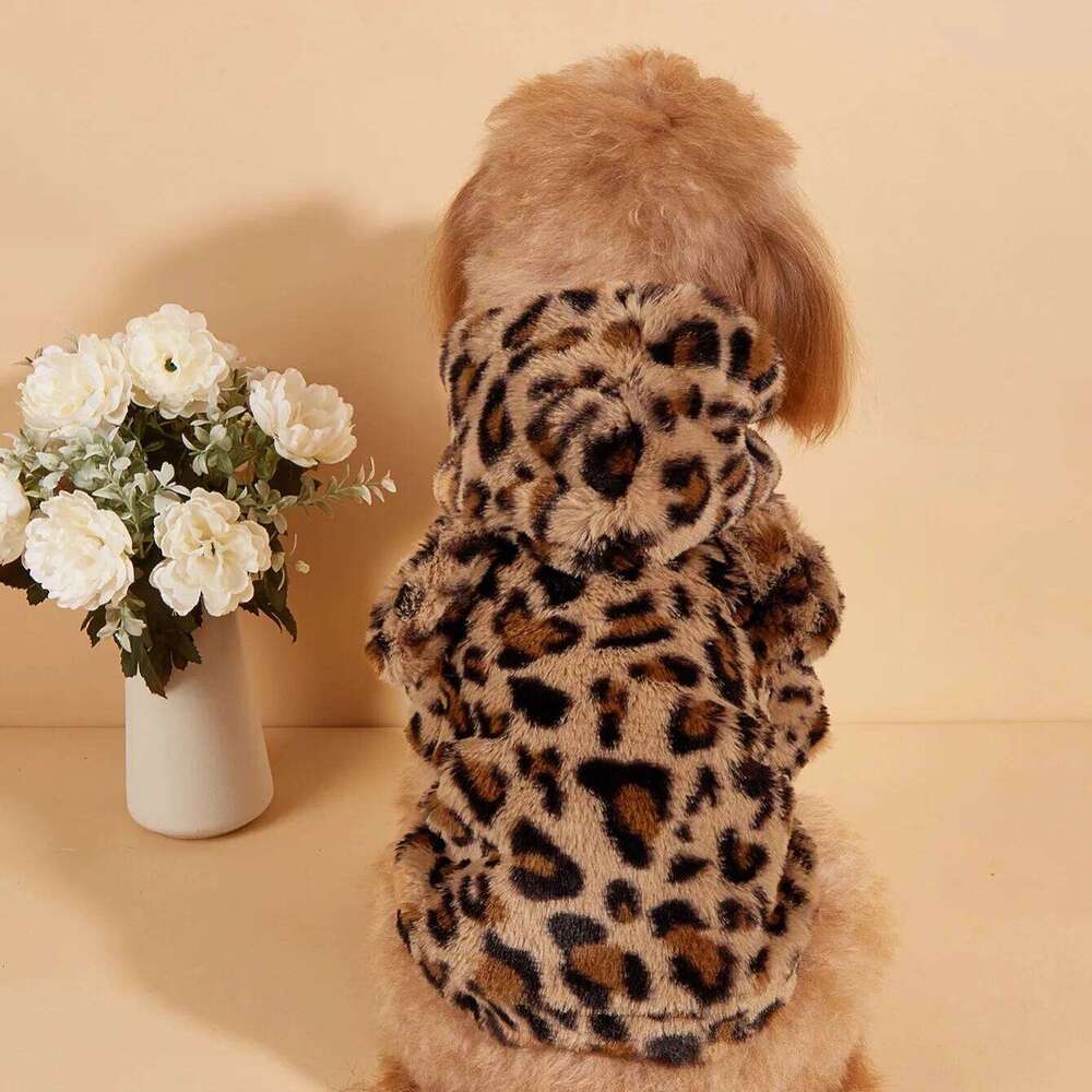 For Small & Medium Dogs, Leopard Hoodie With Ears, Plush Dog Clothes, Pet Apparel