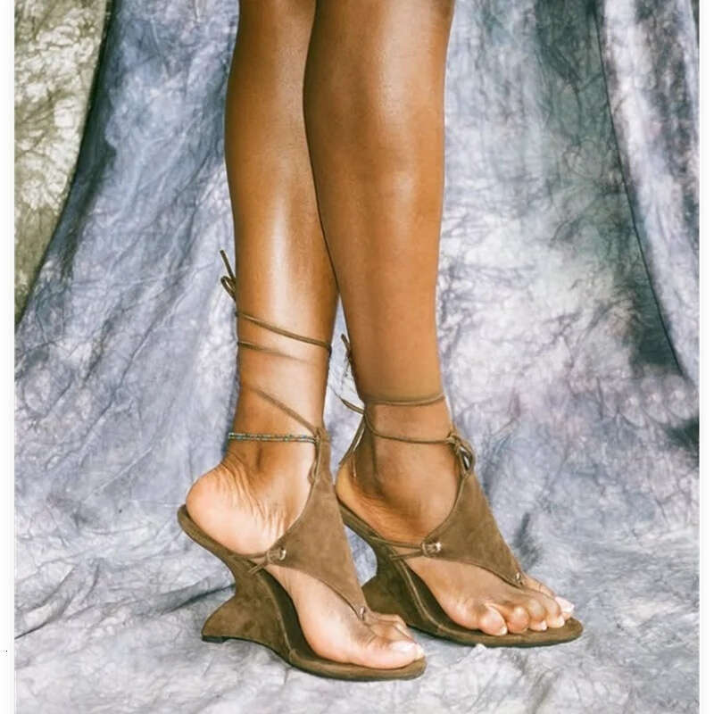 Women 2026 Brown Suede Wedges Heeled Lace Up Sandals Black 10Cm High Heels Women's Summer New Luxury Party Shoes