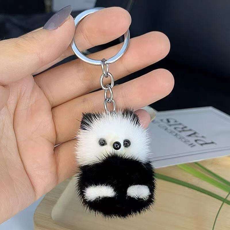 Cute Real Mink Fur Little Panda Car Keychain Pendant Plush Doll Backpack Decoration Small Gift S260126 ba9