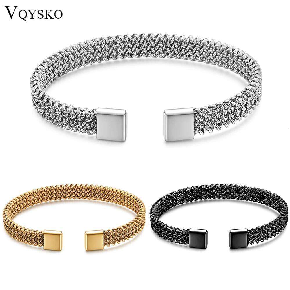 VQYSKO 8MM Woven Flat Mesh C-Shaped Open Bracelet Vintage Stainless Steel Chain Jewelry Women Men Gift Waterproof XJ260127