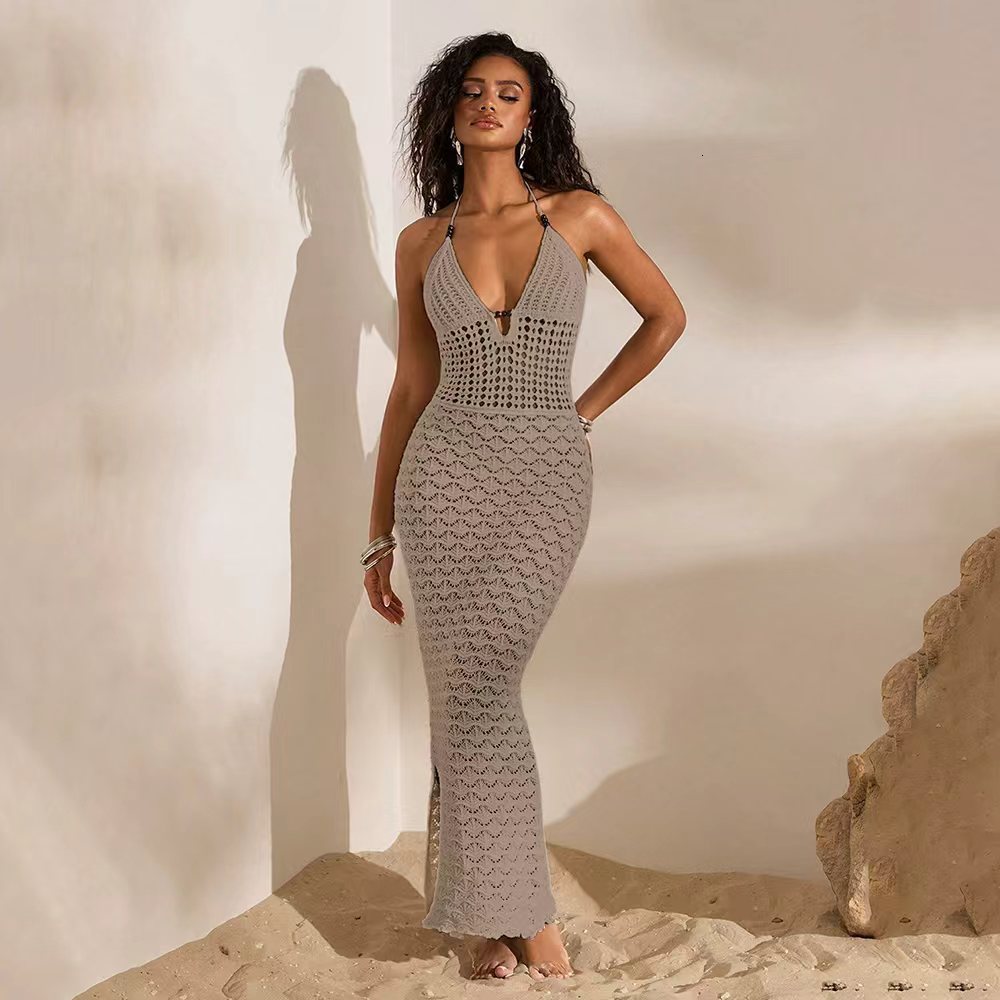 New Solid Color Sexy V-neck Knitted Hollow Beach Dress Bikini Swimsuit Cover-up Dress for Women Outfit Dress 250411